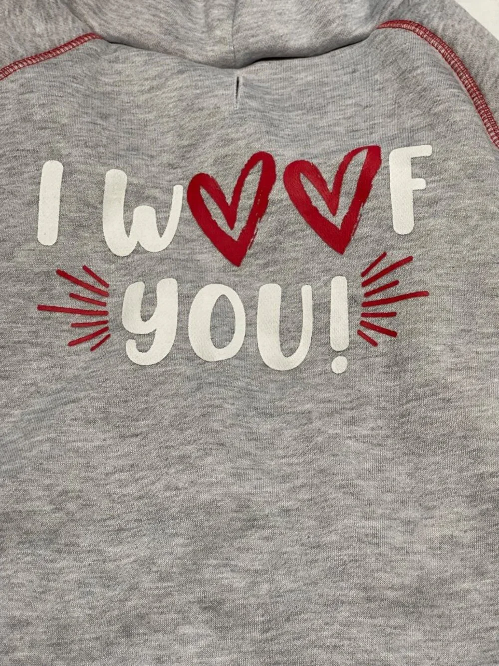 Gray Woof Dog Hoodie Sweatshirt XL I Wuff You Red & White Polyester